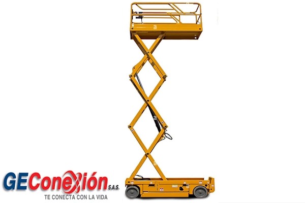 Plataforma elevadora tipo tijera eléctrica utilizada para trabajos seguros en altura en construcción y mantenimiento.