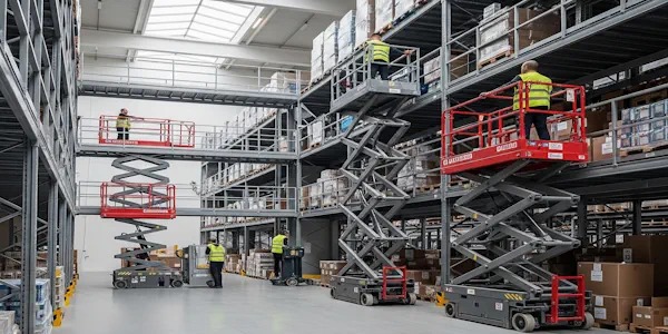 Tijera Electrica en interior de bodega comercial trabajando en alturas de forma segura.