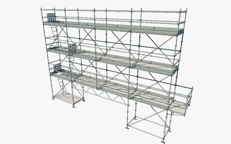 Render técnico de una estructura modular de alta ingeniería diseñada para el alquiler de andamios certificados en Bogotá.