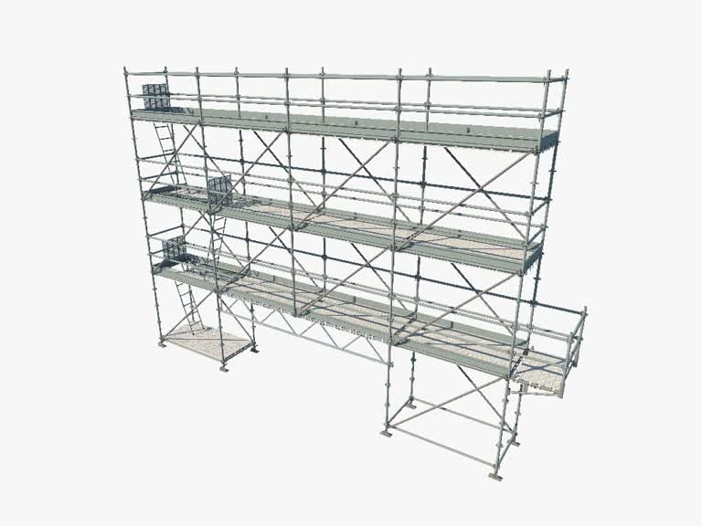 Render técnico de una estructura modular de alta ingeniería diseñada para el alquiler de andamios certificados en Bogotá.