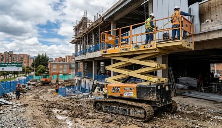 plataforma de tijera de oruga para trabajos en terrenos de lodo o arena inestable.