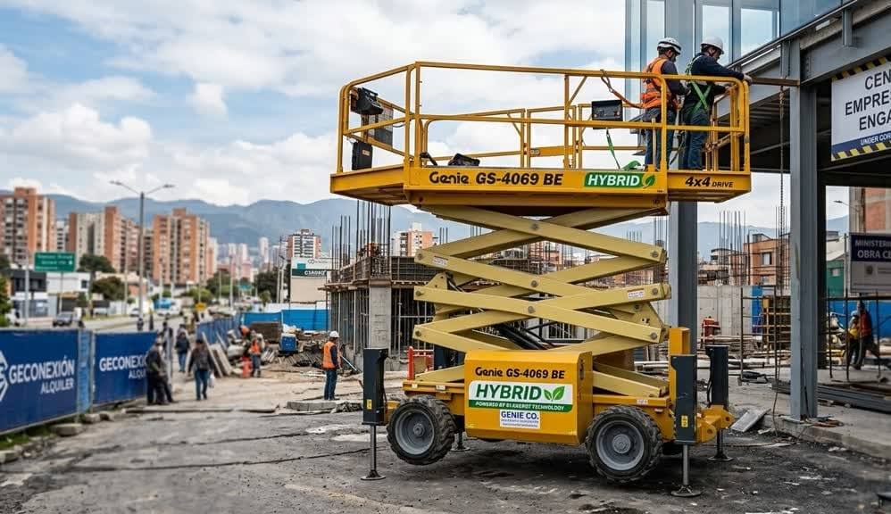 plataforma de tijera hibrida bi-energética para uso versátil en interiores y exteriores.